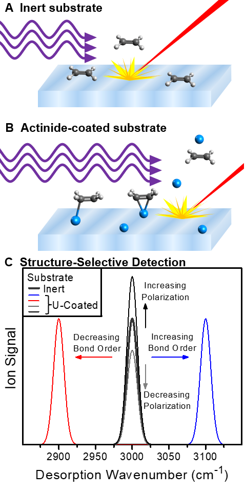 Three panels: (A) IR laser desorbing acetylene from an inert substrate; (B) acetylene bound to actinide atoms on a coated substrate; (C) simulated ion signal versus desorption wavenumber, showing peaks near 2900, 3000, and 3100 per centimeter.